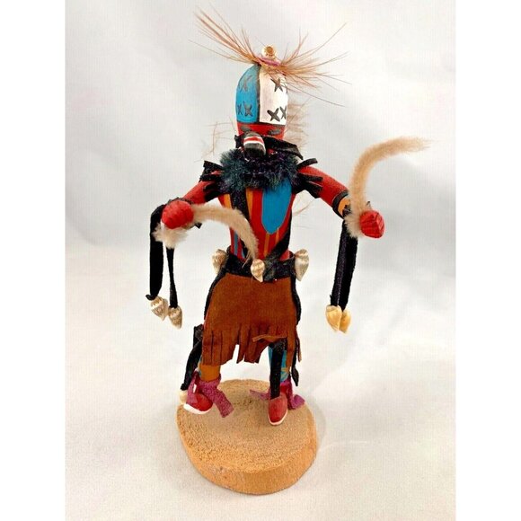 Kachina Tribal Dancing Doll Shells Feathers Leather Wood 7" Signed - Picture 4 of 8